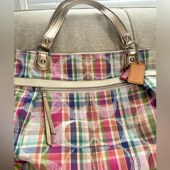 Coach Handbags - Coach EUC Multi Madras Signature Pastel Plaid Tote